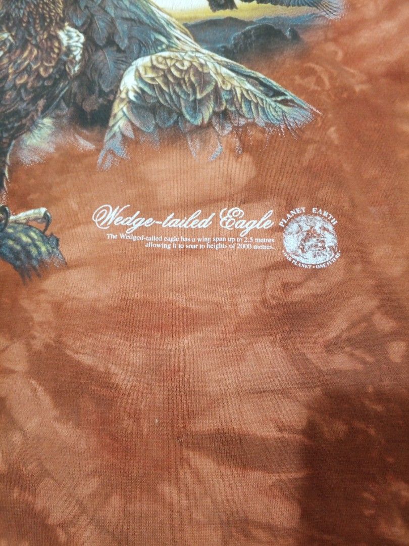 Wedge tailed eagle by Planet earth (Category: Tshirts & Polo Shirts ) located in Dagupan City. Submitted by old_soul_finds.ph (Listing ID 1460910026, Image 3). Description: Dimensions : L34 x W24.5 Color Rate : 9.5 / 10 Issues : Pinhole Excellent condition Mine for only ₱1000 📍Loc : Pangasinan MOP : Gcash MOD : J&T express / Ava pasabay if around Pangasinan.