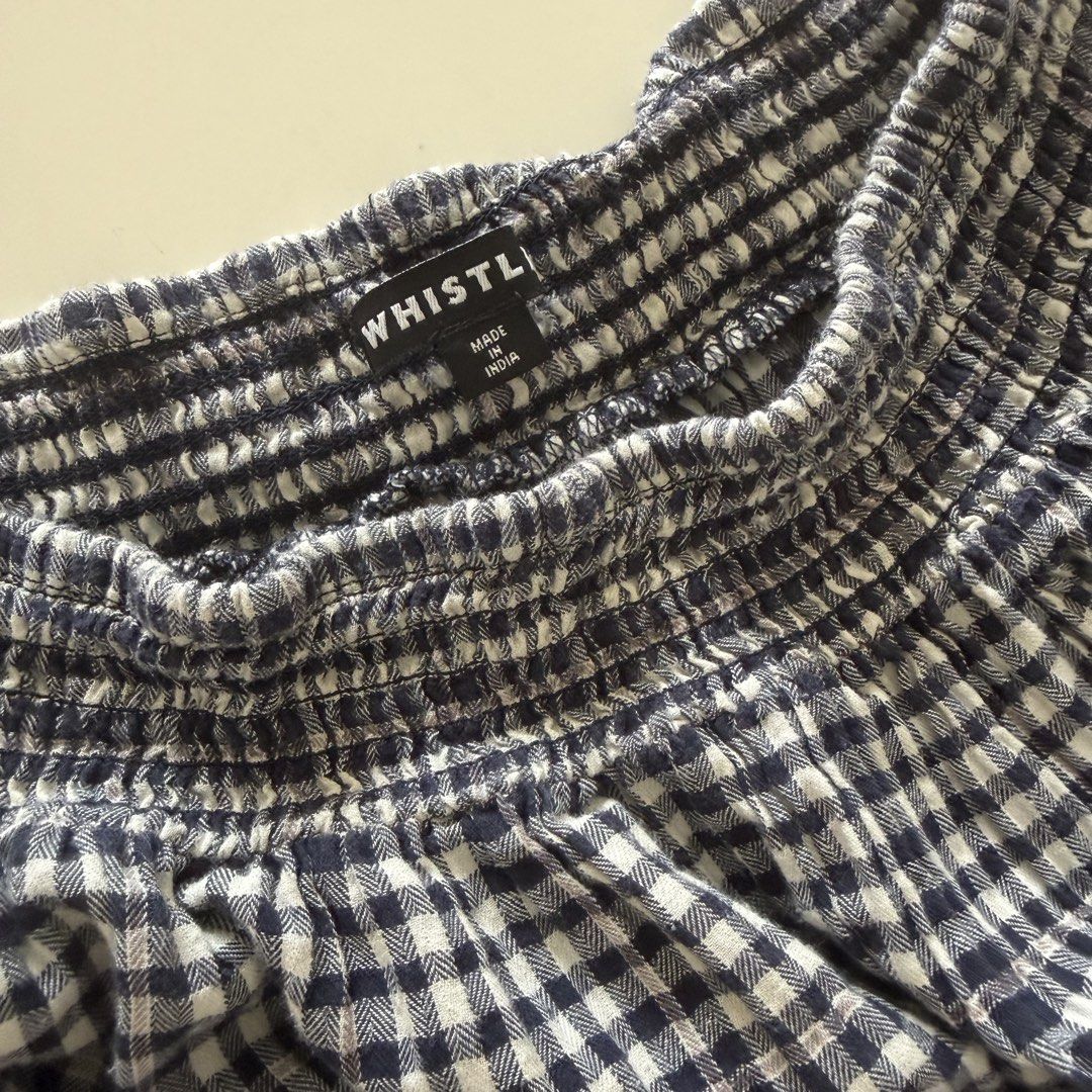 Whistles Gingham Off-Shoulder Top (Category: Others Tops) located in Taytay. Submitted by gingbns (Listing ID 1460722321, Image 2). Description: - Whistles Bardot top - Drawstring waist with tie - Puff sleeves with buttoned cuffs - Made in India - Small size - Good condition - 99% cotton, 1% elastane - 📍Makati.