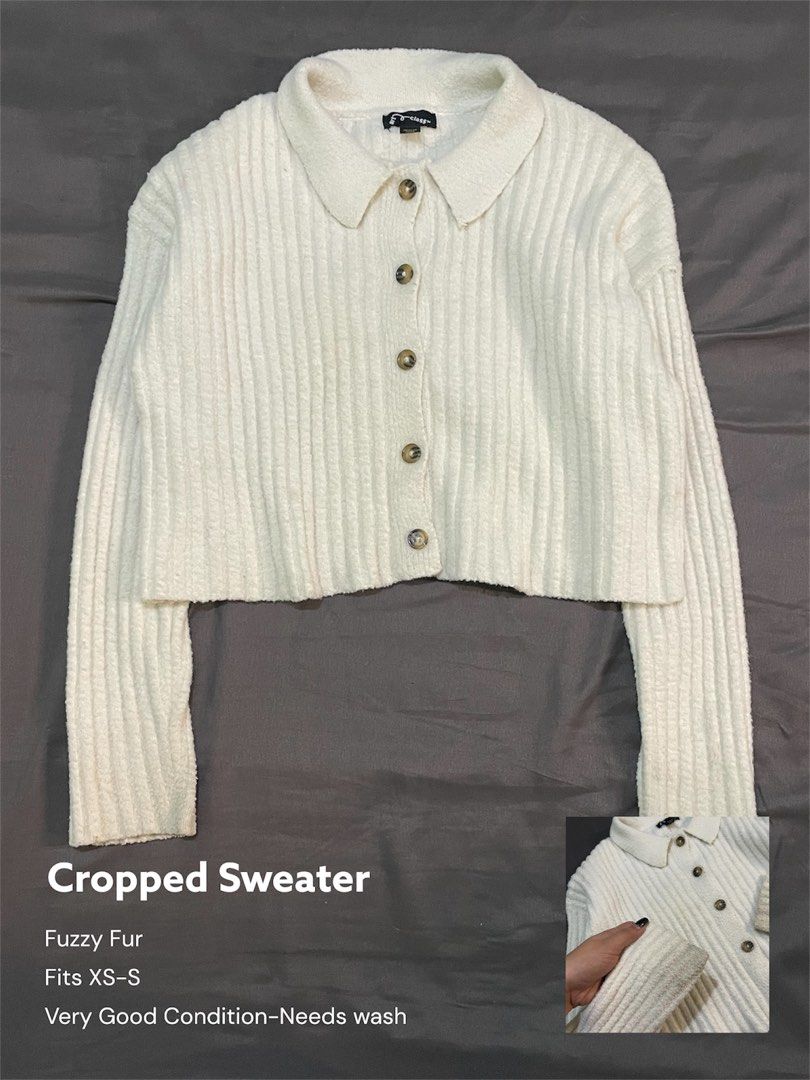 White Fuzzy Fur Cropped Sweater (Category: Coats, Jackets and Outerwear) located in Baguio. Submitted by blesihauls (Listing ID 1460794750, Image 2). Description: PRICE: ₱200 — PM if interested * Baguio City * La Trinidad | Abatan | Bontoc (transfer fee applies) * Shipping via J&T (SF starts at ₱55) PLEASE NOTE * Handpicked thrifted pieces—please wash before wear. * Colors may vary slightly due to lighting. * No cancellations, returns, or exchang