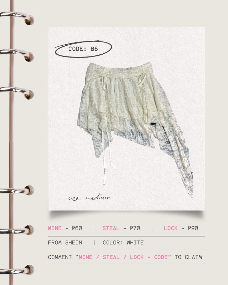 White Lace Asymmetrical Skirt - Size Medium (Category: Skirts) located in Manila. Submitted by wtsjaemin (Listing ID 1460774756, Image 1). Description: - White lace skirt from Shein - Size: Medium - Features: Asymmetrical hemline with drawstring details - Pricing: Mine for P60, Steal for P70, Lock for P90 - To claim: Comment 'MINE / STEAL / LOCK + CODE' - Note: Colors may vary slightly due to lighting - For actual pictures: DM us - Shipping optio