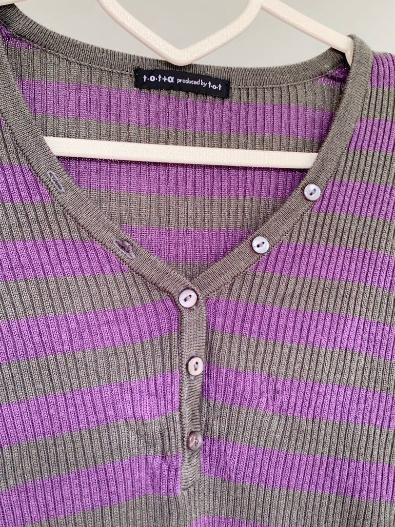 Y2K HENLEY STRIPED KNIT TOP (Category: Blouses) located in Naga. Submitted by willowjuls (Listing ID 1460743392, Image 3). Description: Giving early-2000s cool girl! A fitted ribbed knit in alternating purple and olive/khaki stripes. ♡ Ribbed knit texture ♡ Long sleeves ♡ V-neck ♡ Button-front detail ♡ Fitted silhouette ♡ Stretchy material 🍥 can fit S-M 🍥 no issues!.