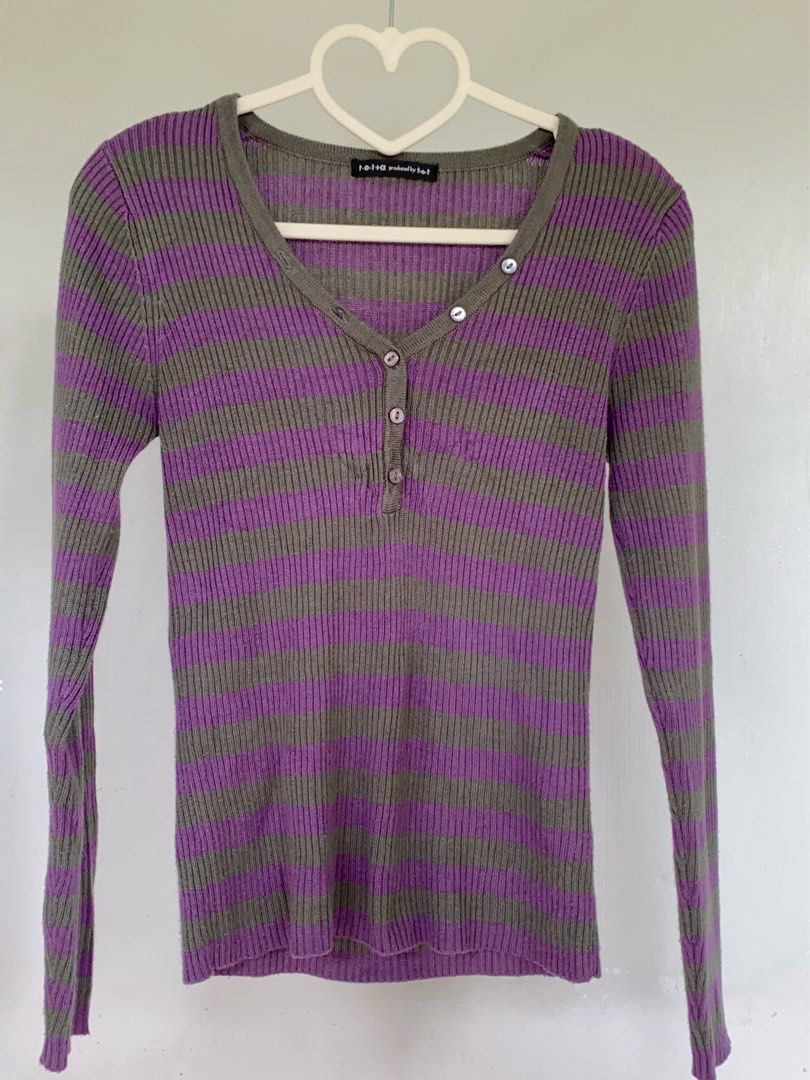 Y2K HENLEY STRIPED KNIT TOP (Category: Blouses) located in Naga. Submitted by willowjuls (Listing ID 1460743392, Image 1). Description: Giving early-2000s cool girl! A fitted ribbed knit in alternating purple and olive/khaki stripes. ♡ Ribbed knit texture ♡ Long sleeves ♡ V-neck ♡ Button-front detail ♡ Fitted silhouette ♡ Stretchy material 🍥 can fit S-M 🍥 no issues!.