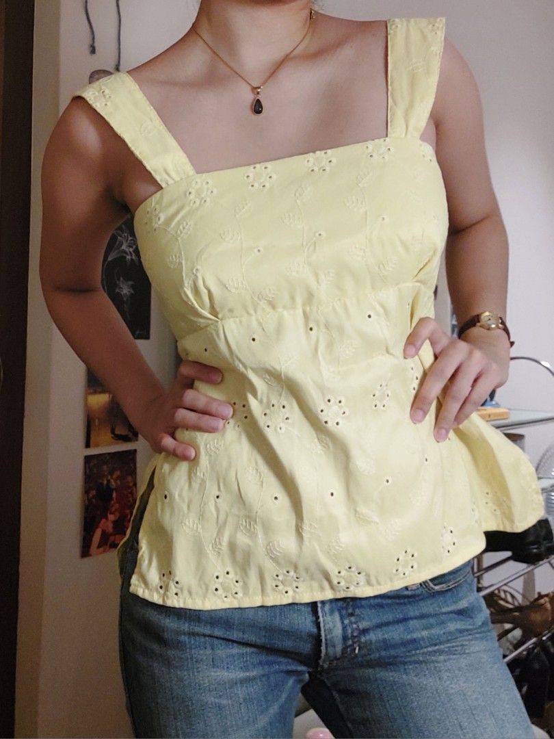yellow eyelet babydoll top (Category: Blouses) located in Quezon City. Submitted by _redbeanbun (Listing ID 1460888778, Image 3). Description: measurements (laid flat) length / 22" bust width / 13" I accept payment through bank transfer or gcash, and will ship out via gogoxpress! 🚀.