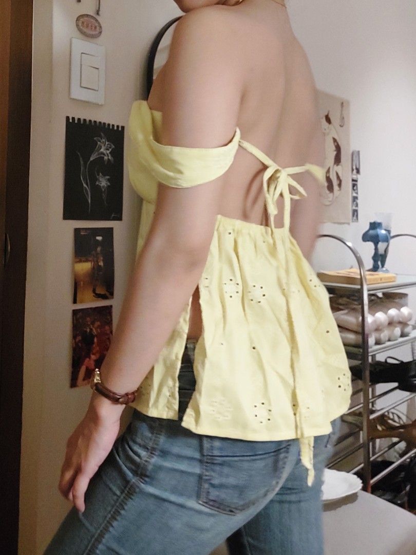 yellow eyelet babydoll top (Category: Blouses) located in Quezon City. Submitted by _redbeanbun (Listing ID 1460888778, Image 2). Description: measurements (laid flat) length / 22" bust width / 13" I accept payment through bank transfer or gcash, and will ship out via gogoxpress! 🚀.