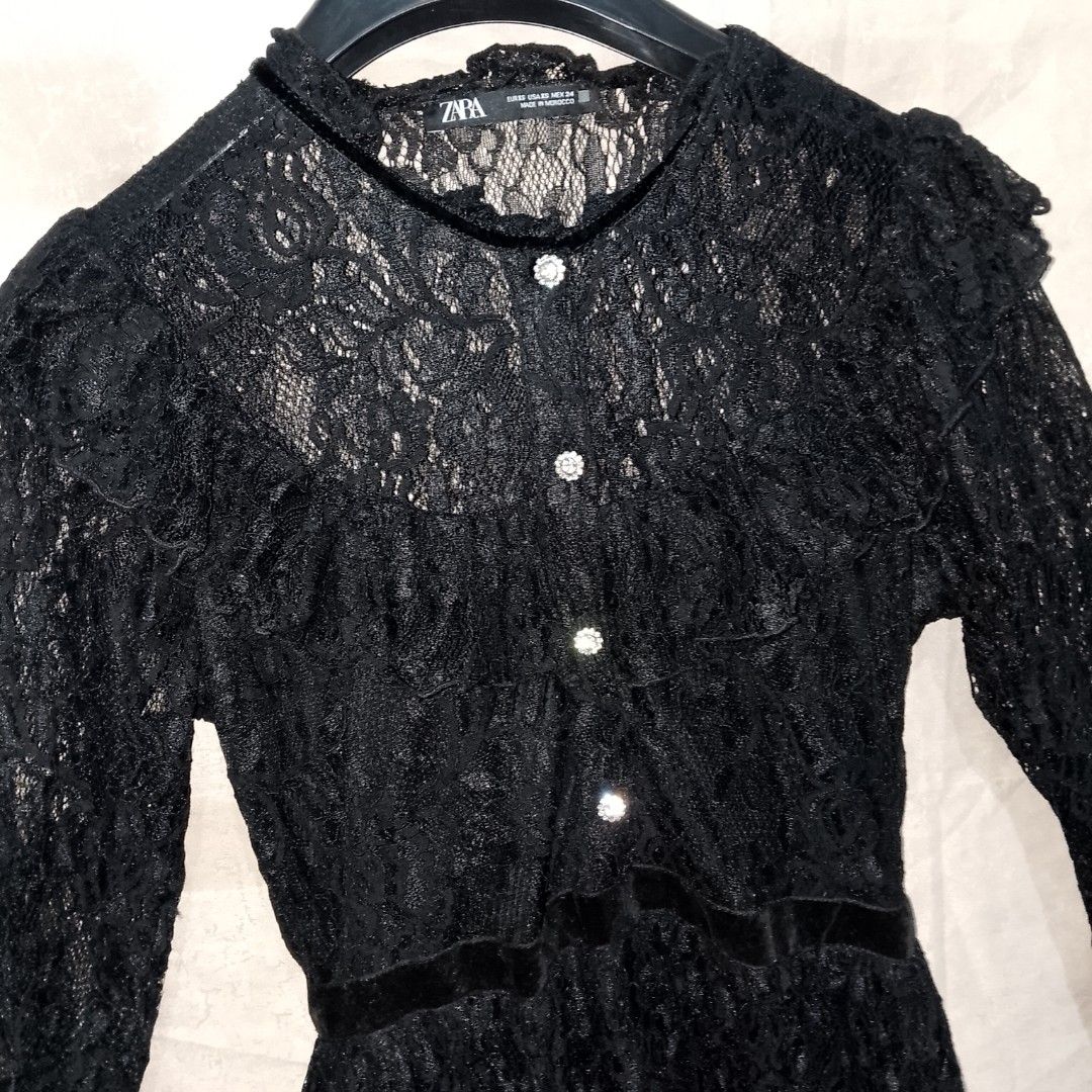 Zara Black Dress (Category: Dresses) located in Davao. Submitted by outdatedfinds (Listing ID 1460719028, Image 3). Description: For Sale Po Zara Black Lace Dress with Pearl Buttons Longsleeves Size XS on Tag Excellent Condition 300 plus sf Davao City Location Hmu F Interested.