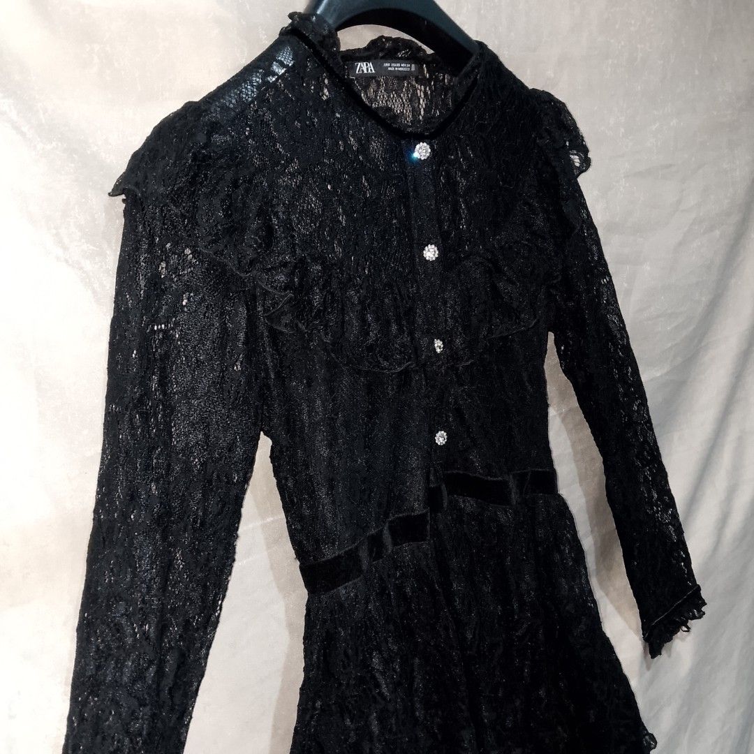 Zara Black Dress (Category: Dresses) located in Davao. Submitted by outdatedfinds (Listing ID 1460719028, Image 2). Description: For Sale Po Zara Black Lace Dress with Pearl Buttons Longsleeves Size XS on Tag Excellent Condition 300 plus sf Davao City Location Hmu F Interested.