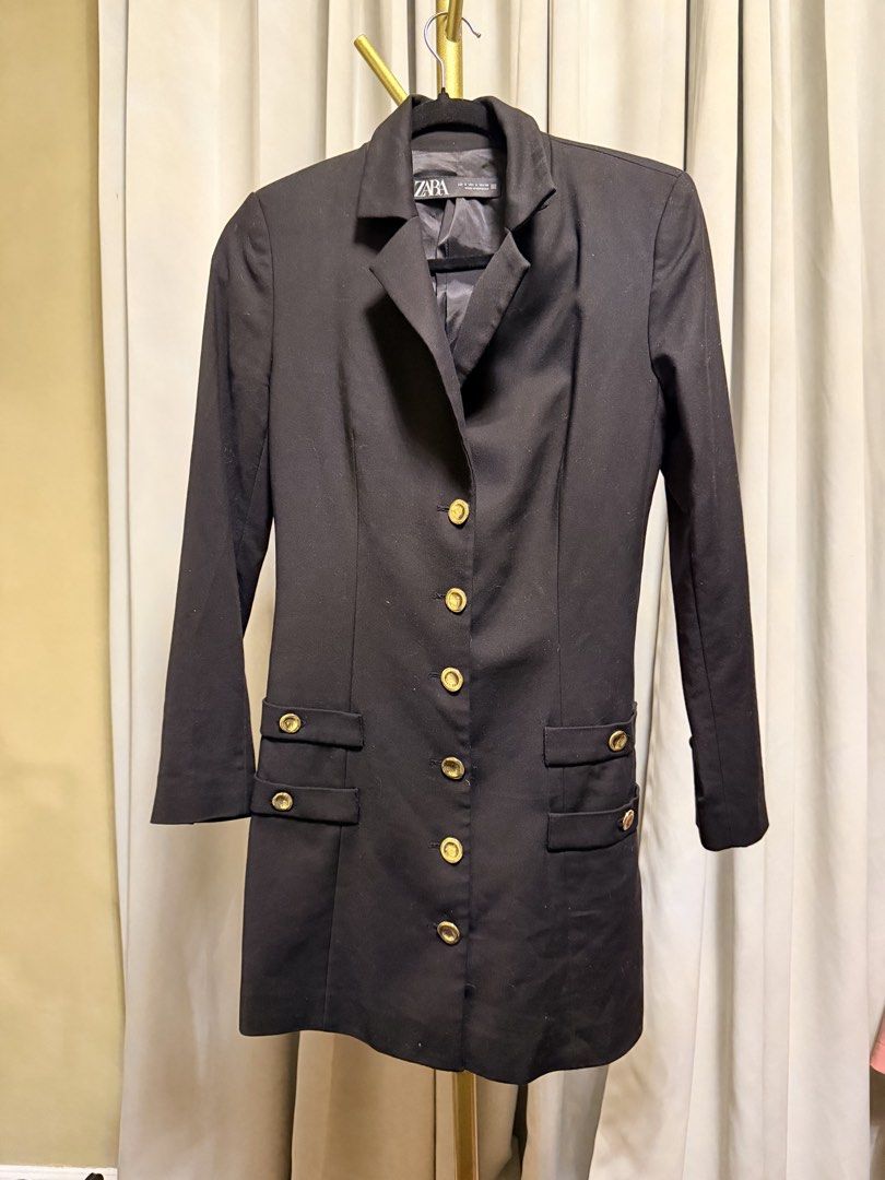 Zara Blazer Dress (Black) (Category: Dresses) located in Manila. Submitted by crixxcloset (Listing ID 1460817975, Image 1). Description: Elegant ZARA black blazer dress with statement gold-tone buttons and a beautifully tailored, fitted silhouette. 🖤✨ Only worn once and kept in excellent condition. Classic, polished, and very flattering—perfect for dinners, events, date nights, or a chic corporate look..