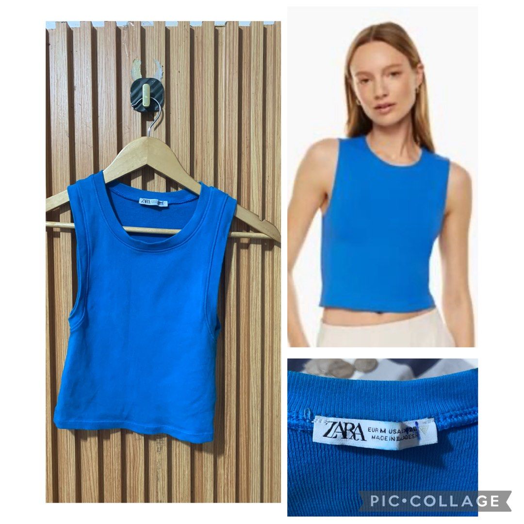 ZARA Blue Ribbed Cropped Tank Top (Category: Sleeveless) located in Koronadal. Submitted by girlish1105 (Listing ID 1460920118, Image 1). Description: - ZARA blue ribbed cropped tank top - Size M (fits like) - Sleeveless with crew neck - Comfortable and stretchy material - Versatile for layering or standalone wear - Perfect for casual outfits.