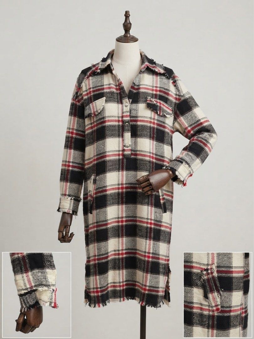 Zara Plaid winter dress (Category: Dresses) located in Cavite. Submitted by wishie_collects (Listing ID 1460773597, Image 1). Description: Never worn No major flaws Just missing belt Small Style & Design: It is a long-sleeved, button-up plaid dress (or shirt-dress style) featuring a collared neckline and front chest pockets. Pattern & Color: The fabric features a classic plaid pattern consisting of a cream or off-white base with prominent interse