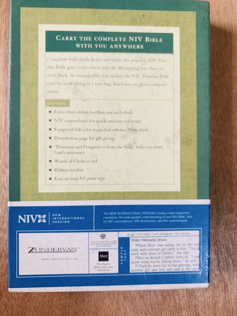 Zondervan NIV Thinline (Category: Religion Books) located in Quezon City. Submitted by happytoolbox (Listing ID 1460730060, Image 2). Description: - Go-Anywhere size - NIV Concordance - Words of CHRIST in Red - Easy to read Portable NAVY Bonded Leather Exact Code Research Reference on Current Market Price 0-310-90323-8 0-310-90324-6 IDX Note: Book Cover bind Leaves and Pages like new. The box has slight signs of shelf and storage stains. .