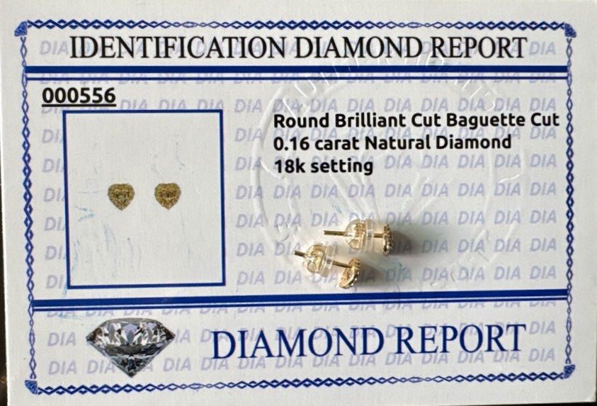 18k setting earrings (Category: Earrings) located in San Juan City. Submitted by cometsanythingtosell (Listing ID 1460958826, Image 2). Description: Round brilliant cut baguette cut .16 carat natural diamond 18k setting with certificate.