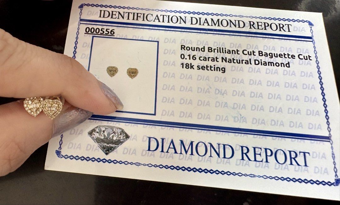 18k setting earrings (Category: Earrings) located in San Juan City. Submitted by cometsanythingtosell (Listing ID 1460958826, Image 1). Description: Round brilliant cut baguette cut .16 carat natural diamond 18k setting with certificate.