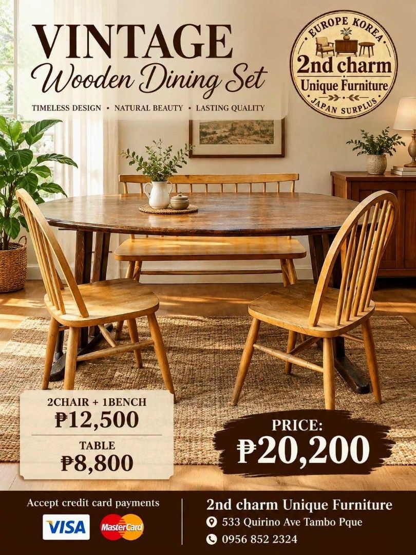 2nd hand Windsor dining set: 1x bench + 2x chair + 1x table (Category: Chairs) located in Paranaque City. Submitted by 2ndcharmfurniture (Listing ID 1460995666, Image 1). Description: 💳 𝐌𝐨𝐝𝐞 𝐨𝐟 𝐏𝐚𝐲𝐦𝐞𝐧𝐭 ✅ QR Ph Credit Card (Visa/MC) ️️✅️ QR Ph SP@yL@ter (Sh0pee) ✅️ GCash ✅ BDO Bank Transfer ✅ BPI Bank Transfer 📍 𝙋𝙖𝙮𝙢𝙚𝙣𝙩 𝙞𝙨 𝙢𝙖𝙙𝙚 𝙪𝙥𝙤𝙣 𝙥𝙞𝙘𝙠-𝙪𝙥 𝙛𝙧𝙤𝙢 𝙪𝙨..
