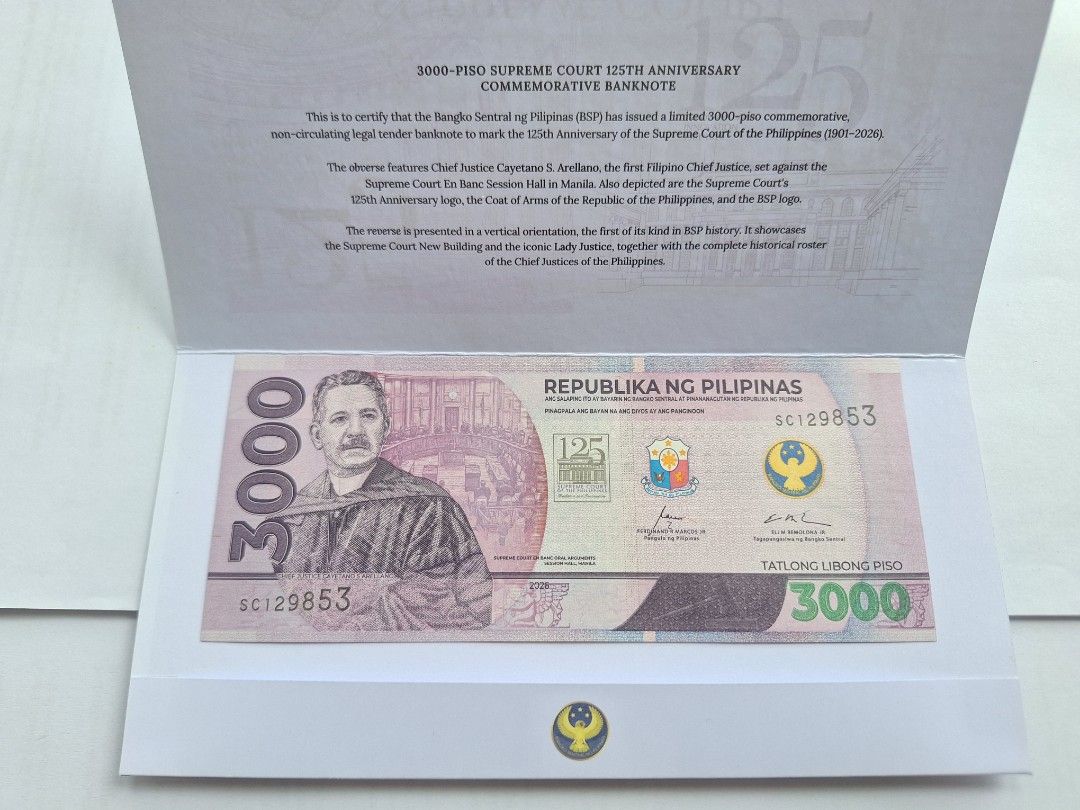 3000 Piso Supreme Court Banknote (Category: Currency) located in Makati City. Submitted by jed.tan (Listing ID 1460967392, Image 2). Description: Payment - Gcash, BPI Meetup - Rockwell Powerplant Mall - Security Bank (Jupiter st. corner Paseo de Roxas).