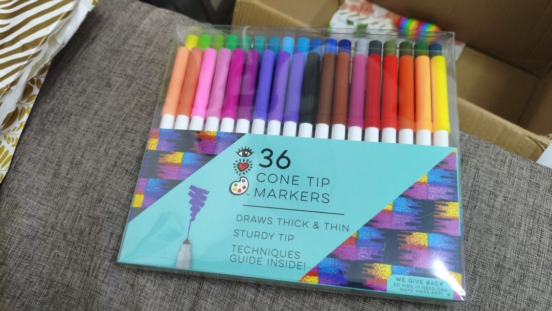 36 Color Markers - Thick & Thin Drawing (Category: Stationery & School Supplies) located in Mandaluyong City. Submitted by leitan0_0 (Listing ID 1460981965, Image 1). Description: - Set of 36 cone tip markers - Brand-new .
