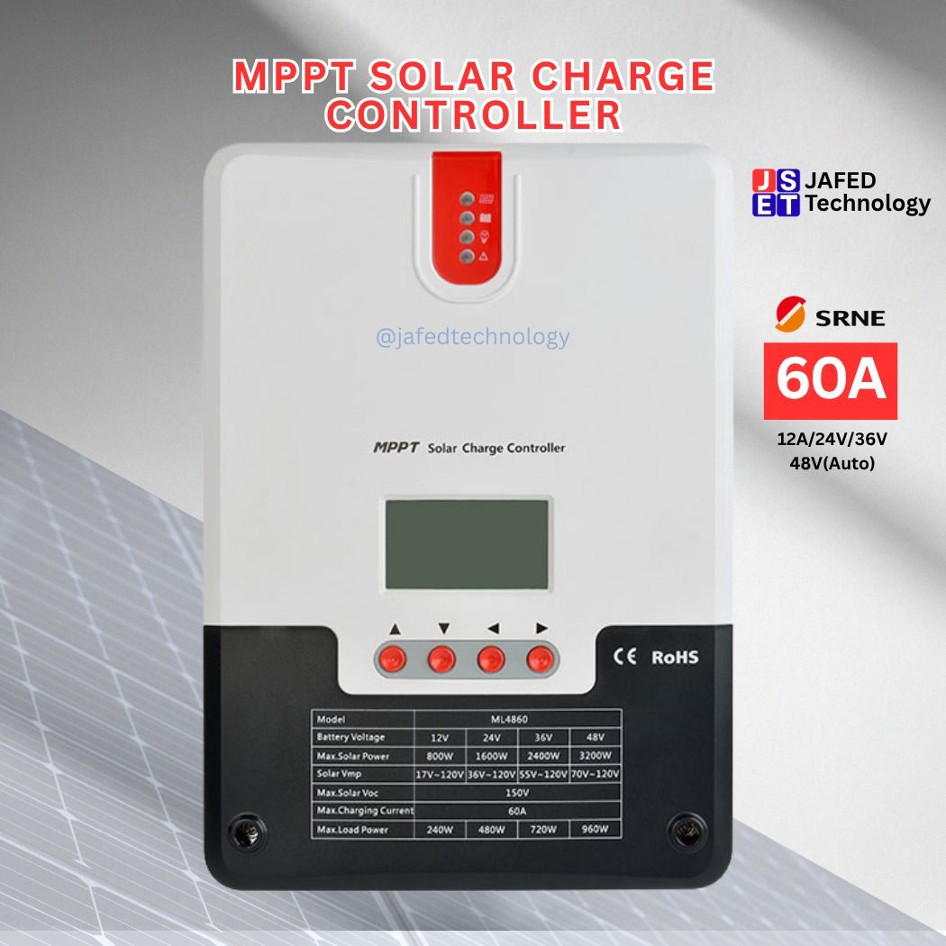 60A SRNE MPPT Solar Charge Controller for Off-grid Solar Power Setup (JAFED) (Category: Home Improvement Tools & Accessories) located in Quezon City. Submitted by jafedtechnology (Listing ID 1460923647, Image 1). Description: The most saleable, fast moving and reliable MPPT solar charge controller for offgrid solar power setup you can trust. Value for money and worth every penny. Brand: SRNE Model: ML4860 Battery voltage: 12v / 24v / 36v / 48v Ma