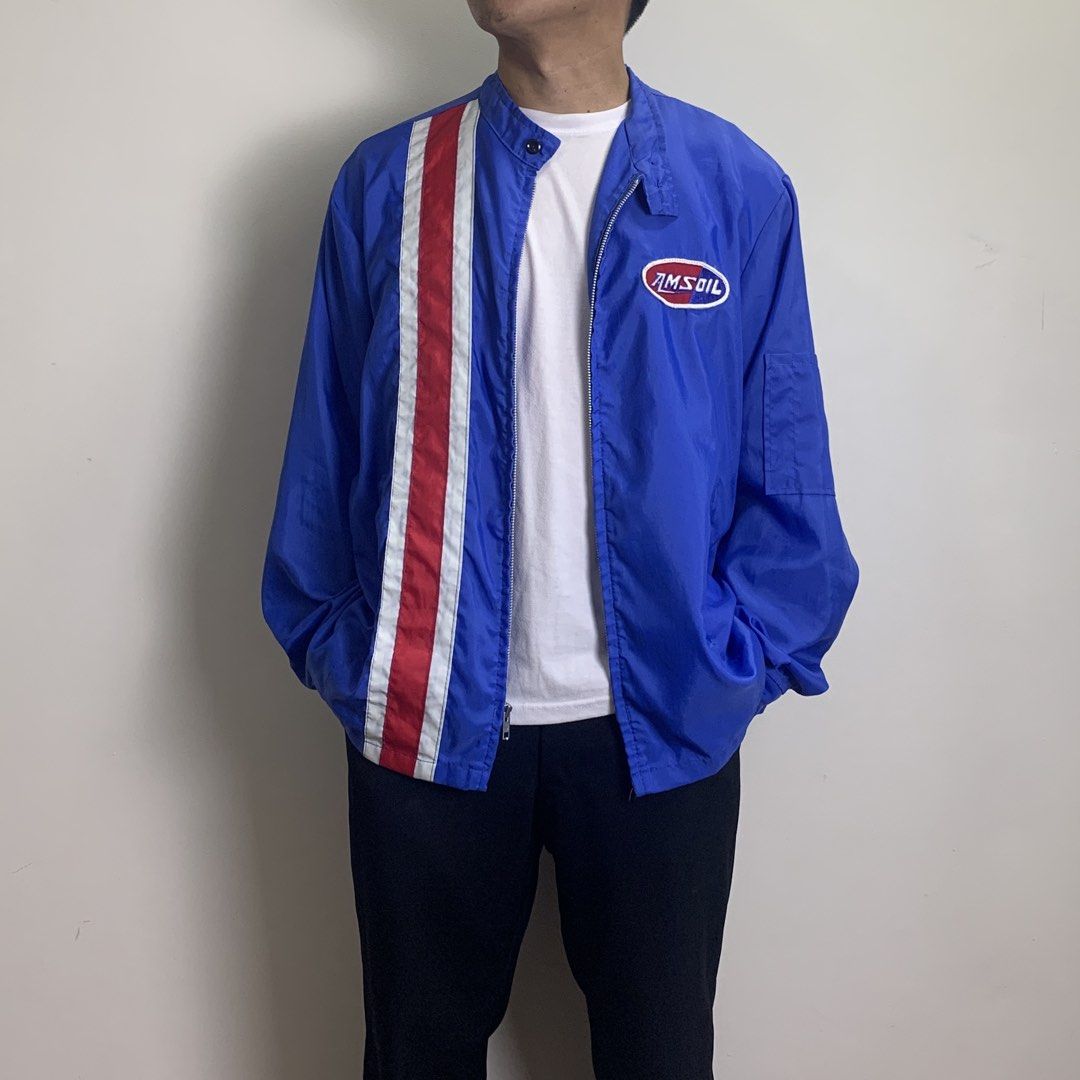 80's AMS OIL Racing Jacket (Category: Coats, Jackets and Outerwear) located in Baguio. Submitted by been.aged_ph (Listing ID 1461001893, Image 3). Description: 𝚂𝚒𝚣𝚎: fits up to 2XL 𝙳𝚒𝚖𝚎𝚗𝚜𝚒𝚘𝚗𝚜: 27 x 28 𝙲𝚘𝚗𝚍𝚒𝚝𝚒𝚘𝚗: Excellent 𝙸𝚜𝚜𝚞𝚎: minimal runs; not that visible (see last photo for reference) Model Height: 5' 7" .