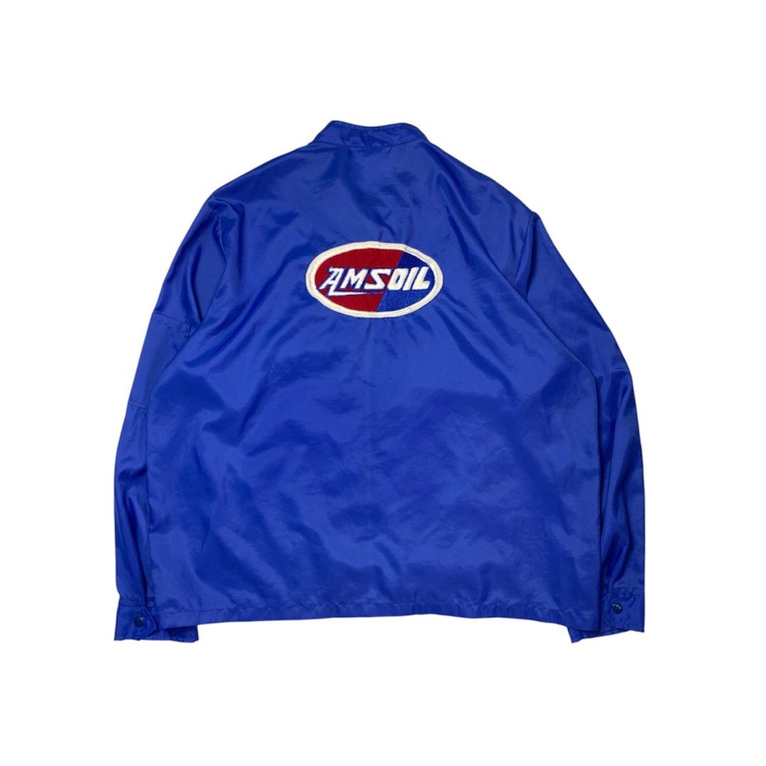 80's AMS OIL Racing Jacket (Category: Coats, Jackets and Outerwear) located in Baguio. Submitted by been.aged_ph (Listing ID 1461001893, Image 2). Description: 𝚂𝚒𝚣𝚎: fits up to 2XL 𝙳𝚒𝚖𝚎𝚗𝚜𝚒𝚘𝚗𝚜: 27 x 28 𝙲𝚘𝚗𝚍𝚒𝚝𝚒𝚘𝚗: Excellent 𝙸𝚜𝚜𝚞𝚎: minimal runs; not that visible (see last photo for reference) Model Height: 5' 7" .