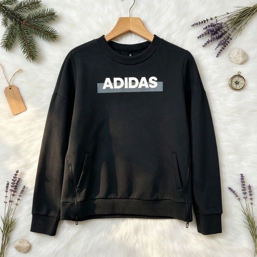 Adidas Black Sweatshirt with Logo (Category: Coats, Jackets and Outerwear) located in Manila. Submitted by momofunodos (Listing ID 1460965296, Image 1). Description: - Classic black Adidas sweatshirt - Prominent white Adidas logo with grey accent on chest - Two zippered pockets for secure storage - Ribbed cuffs and hem for a comfortable fit - Ideal for everyday casual wear.
