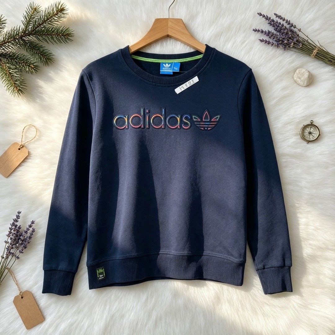 Adidas Navy Blue Sweatshirt with Rainbow Logo (Category: Coats, Jackets and Outerwear) located in Manila. Submitted by momofunodos (Listing ID 1460963144, Image 1). Description: - Navy blue Adidas sweatshirt - Features classic Adidas logo with a colorful rainbow outline - Crew neck, long sleeves - Ribbed cuffs and hem - Ideal for casual wear - Comfy and stylish.