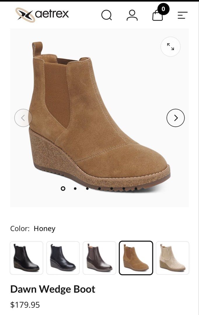 Aetrex Dawn Wedge Boot Honey Suede (Category: Boots) located in Las Pinas. Submitted by hey.marie (Listing ID 1461049426, Image 3). Description: - Brand: Aetrex - Model: Dawn Wedge Boot - Color: Honey Suede - Size: EU 38 / US 7.5 - 8 / UK 5.5 - 6 - Features: Comfortable wedge heel, elastic side panels for easy wear - Includes: Original box (box is a bit dirty but shoes are unaffected) -Price: selling at 60% of price (P6,594), negotiable - Purchas