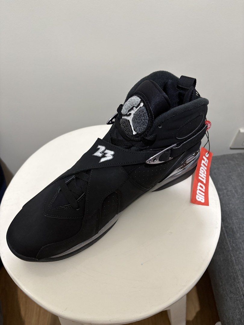 Air Jordan 8 Retro "Take Flight" Black Silver (Category: Sneakers) located in Antipolo. Submitted by jordeee (Listing ID 1460988888, Image 2). Description: - Classic Black and Silver Air Jordan 8s - Features iconic crossover straps - "23" embroidery detail - Comes with original Flight Club tag - Ideal for collectors and Jordan enthusiasts - A true statement piece for any sneaker collection.
