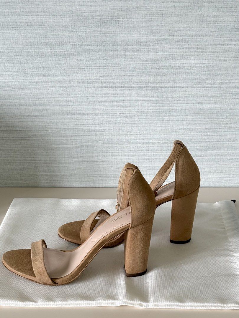 Aldo Pinkish Beige Suede Block Heels (Category: Heels) located in Tarlac. Submitted by samdeclutters_ (Listing ID 1460968200, Image 3). Description: - Size: 6 - Minor flaw: Leather cracking/peeling on inner strap. Slight discoloration on some areas. See pics for reference. - Feel free to ask for more photos! - Retailed for 5k+.