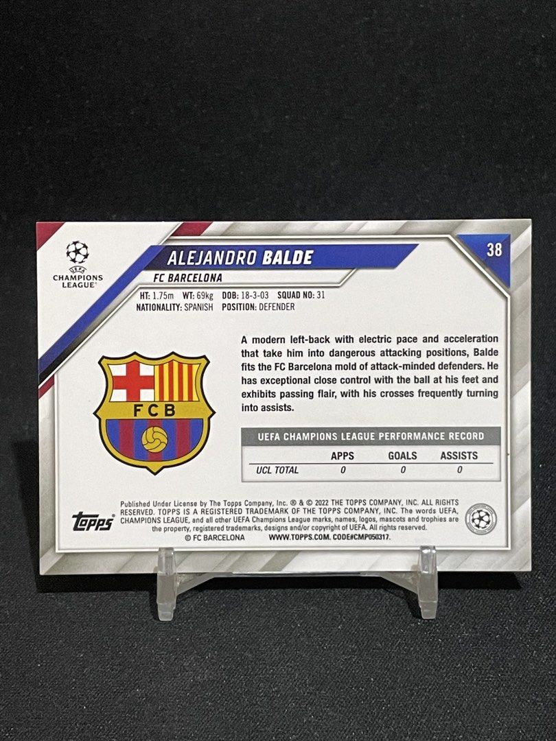 Alejandro Balde Sapphire Topps Chrome Rookie RC (Category: Raw Singles) located in Muntinlupa City. Submitted by shiganshina_collectibles (Listing ID 1461052123, Image 2). Description: Modern Rookie RC Football Soccer Card Loc: Quezon City MoP: GCash or Maya MoD: LBC or Lalamove.