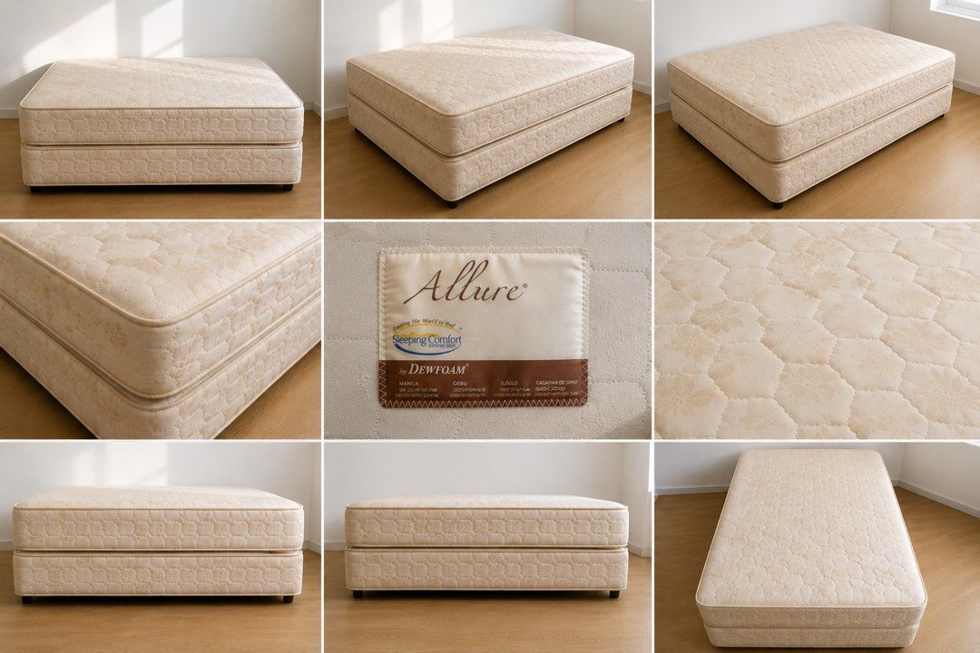Allure by Dewfoam Sleeping Comfort Spring Bed Set – Full Double (Category: Bed Frames & Mattresses) located in Pasig City. Submitted by casahohome (Listing ID 1461097669, Image 1). Description: Allure by Dewfoam Sleeping Comfort Spring Bed Set – Full Double Price: ₱11,500 (originally ₱15,795) Selling our pre-loved Allure by Dewfoam spring bed set. • Full Double size • Includes mattress + matching bed base • Allure Sleeping Comfort Spring Bed by D