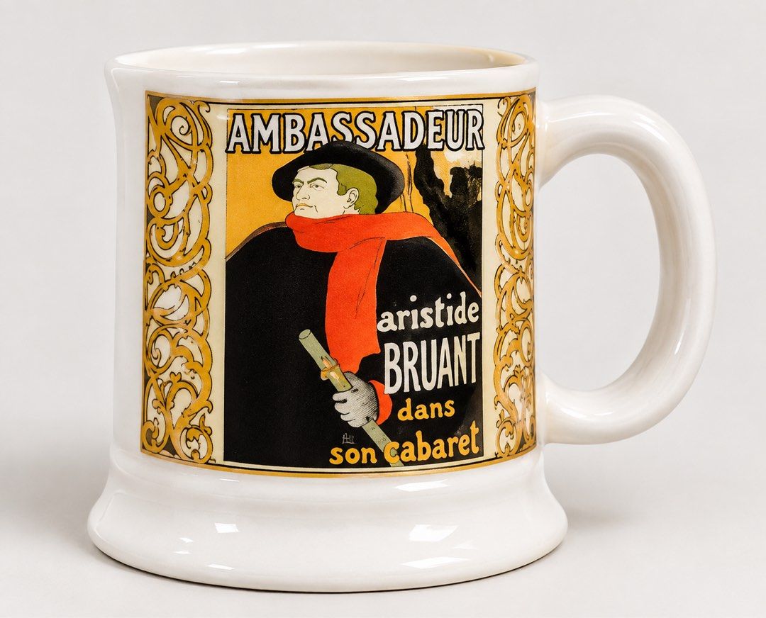Ambassadeur Aristide Bruant Cabaret Mug (Category: Coffee & Tea Tableware) located in Bacoor. Submitted by dangeusebio1515 (Listing ID 1461055865, Image 1). Description: - White ceramic mug with a vintage poster design. - Features 'Ambassadeur' and 'Aristide Bruant dans son cabaret'. - Ideal for enjoying coffee or tea. - Unique collectible for fans of cabaret art. - Classic C-shaped handle..