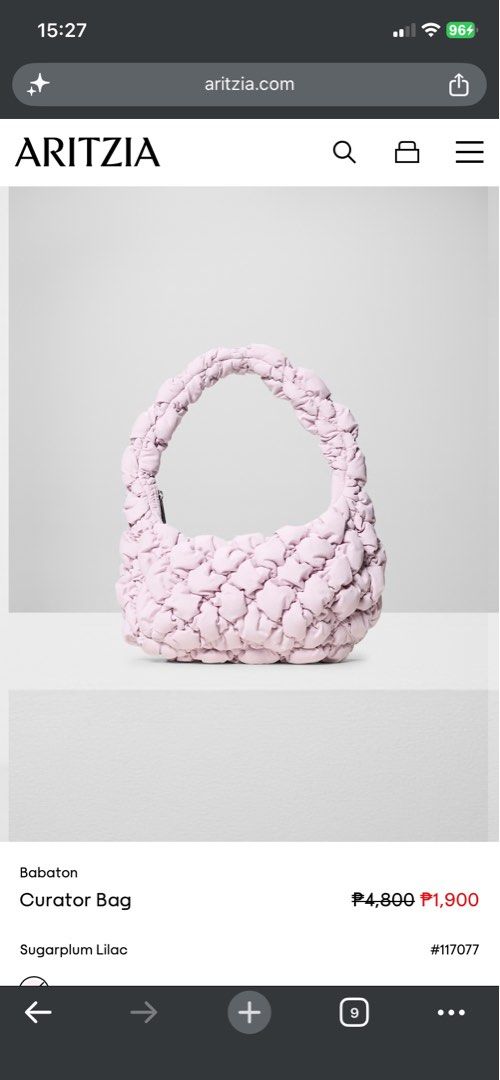 Aritzia Babaton Curator Bag (Category: Shoulder Bags) located in Cavite. Submitted by momrocks (Listing ID 1460985368, Image 1). Description: This is a small quilted bag with an interior pocket and zip closure. It’s made from soft, lightweight fabric with a cottony feel. Color: Sugarplum Lilac.