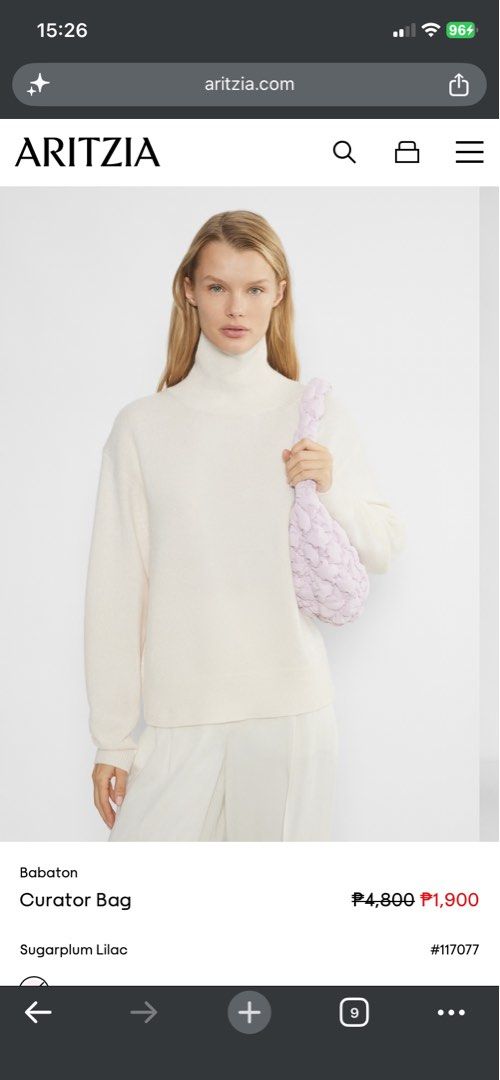 Aritzia Babaton Curator Bag (Category: Shoulder Bags) located in Cavite. Submitted by momrocks (Listing ID 1460985368, Image 3). Description: This is a small quilted bag with an interior pocket and zip closure. It’s made from soft, lightweight fabric with a cottony feel. Color: Sugarplum Lilac.