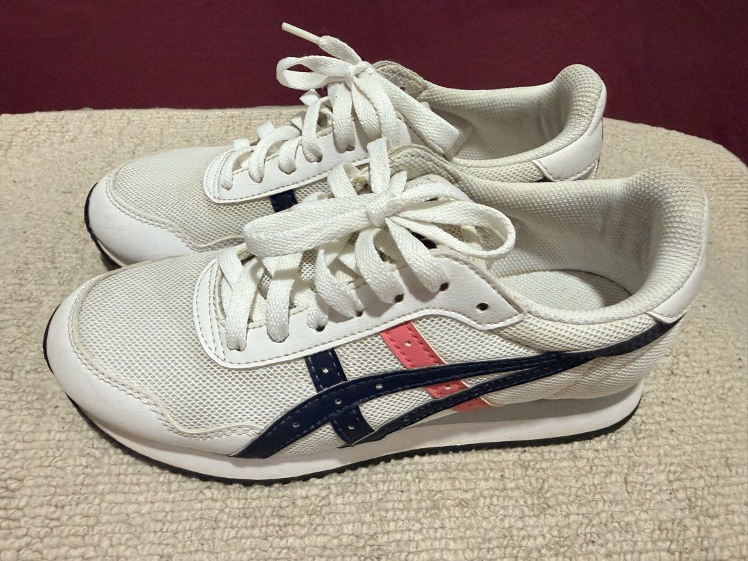 Asics White Sneakers Size 6 (Category: Sneakers) located in Batangas. Submitted by cathevans (Listing ID 1460976187, Image 3). Description: - White Asics sneakers - Size: 23.5cm - Breathable mesh upper - Navy and pink stripe accents - White laces - Pink Asics logo on the heel.