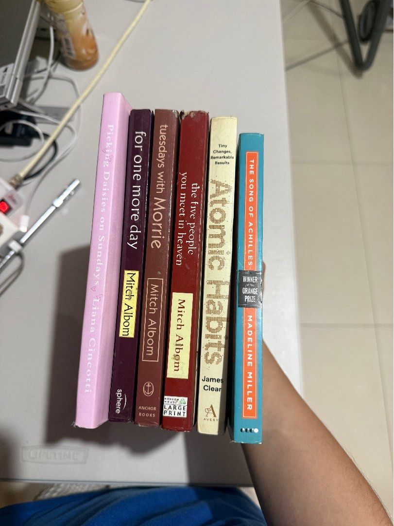 4 Assorted Books Bundle (Category: Storybooks) located in Cavite. Submitted by rrppreloved (Listing ID 1460963560, Image 3). Description: ❌ SOLD ATOMIC HABITS & TUESDAYS WITH MORRIE Take all 4 books for 280 80/each With sign of usage Heavily used Not Authentic The Song of Achilles Atomic Habits The Five People You Meet In Heaven Tuesdays With Morriw For One More Day Picking Daisies on Sundays.