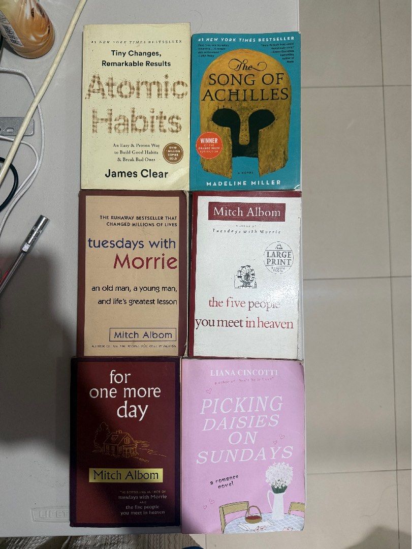 4 Assorted Books Bundle (Category: Storybooks) located in Cavite. Submitted by rrppreloved (Listing ID 1460963560, Image 1). Description: ❌ SOLD ATOMIC HABITS & TUESDAYS WITH MORRIE Take all 4 books for 280 80/each With sign of usage Heavily used Not Authentic The Song of Achilles Atomic Habits The Five People You Meet In Heaven Tuesdays With Morriw For One More Day Picking Daisies on Sundays.