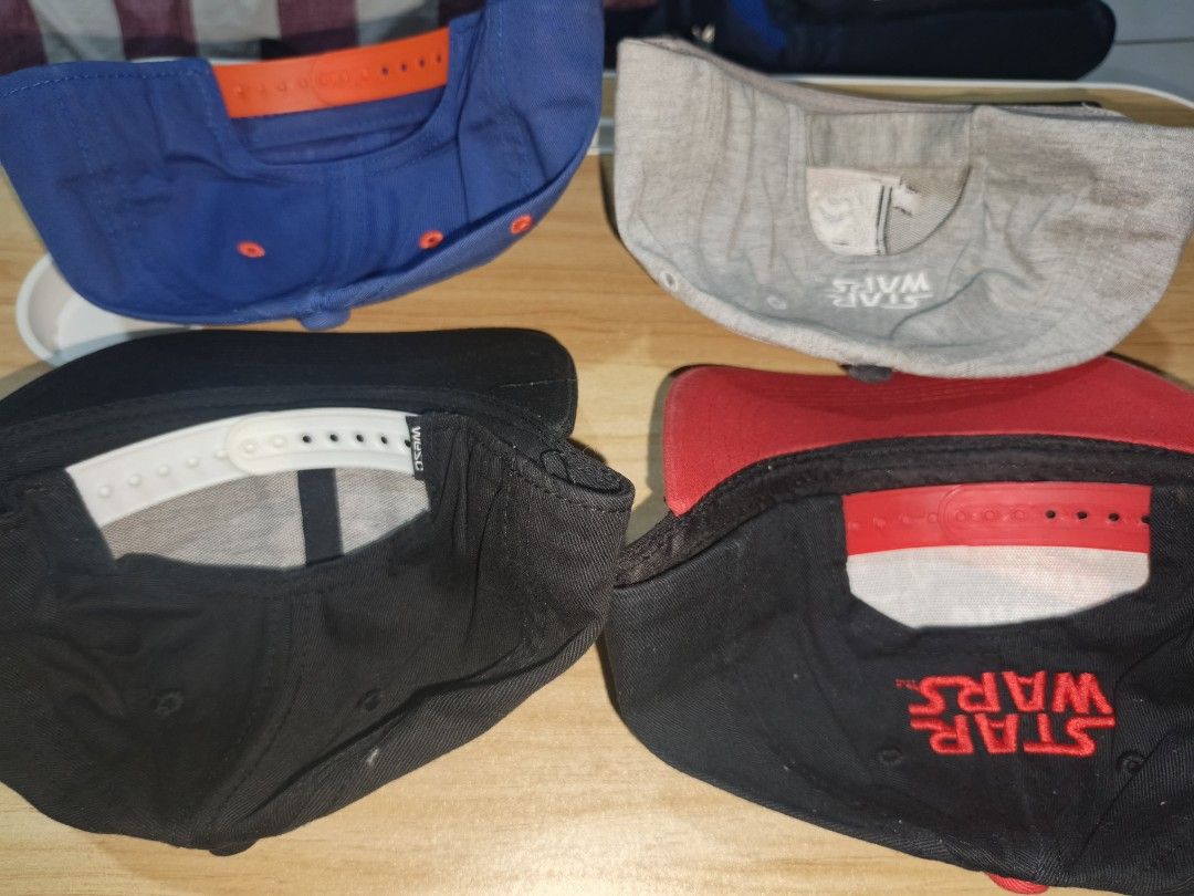 Assorted Caps: New York, Star Wars, WESC (Category: Caps & Hats) located in Manila. Submitted by bone.pipes (Listing ID 1460926290, Image 2). Description: YOUTH CAPS - Bundle of 4 adjustable snapback caps - Blue New York cap with orange brim - Grey Star Wars cap with Stormtrooper print - Black and red Star Wars cap with R2-D2 and C-3PO - Black WESC cap - Great for fans and collectors 8/10 Conditions 500 aspack (150 each ) meet up lrt Roosevelt .
