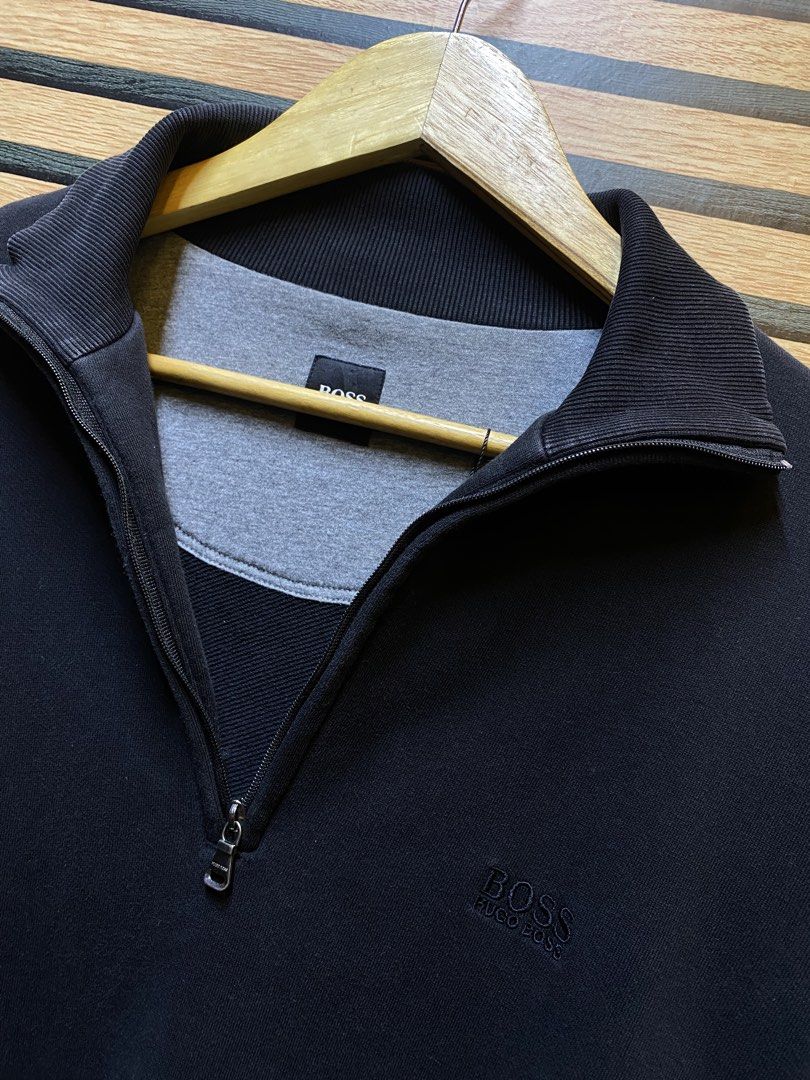 AUTHENTIC HUGO BOSS QUARTER ZIP (Category: Coats, Jackets and Outerwear) located in Makati City. Submitted by drip.poww (Listing ID 1461101804, Image 3). Description: - Authentic HUGO BOSS - Color: Black - Size: Large - Dimes: 23x27 - Authentic - Excellent condition - Need wash, fresh from bale - Material: 100% Cotton Please don’t expect too much—these are thrifted (ukay) items. 😊 !!STILL NEGOTIABLE!!.