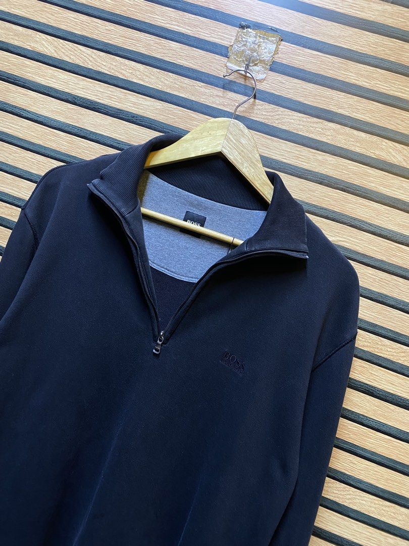 AUTHENTIC HUGO BOSS QUARTER ZIP (Category: Coats, Jackets and Outerwear) located in Makati City. Submitted by drip.poww (Listing ID 1461101804, Image 2). Description: - Authentic HUGO BOSS - Color: Black - Size: Large - Dimes: 23x27 - Authentic - Excellent condition - Need wash, fresh from bale - Material: 100% Cotton Please don’t expect too much—these are thrifted (ukay) items. 😊 !!STILL NEGOTIABLE!!.
