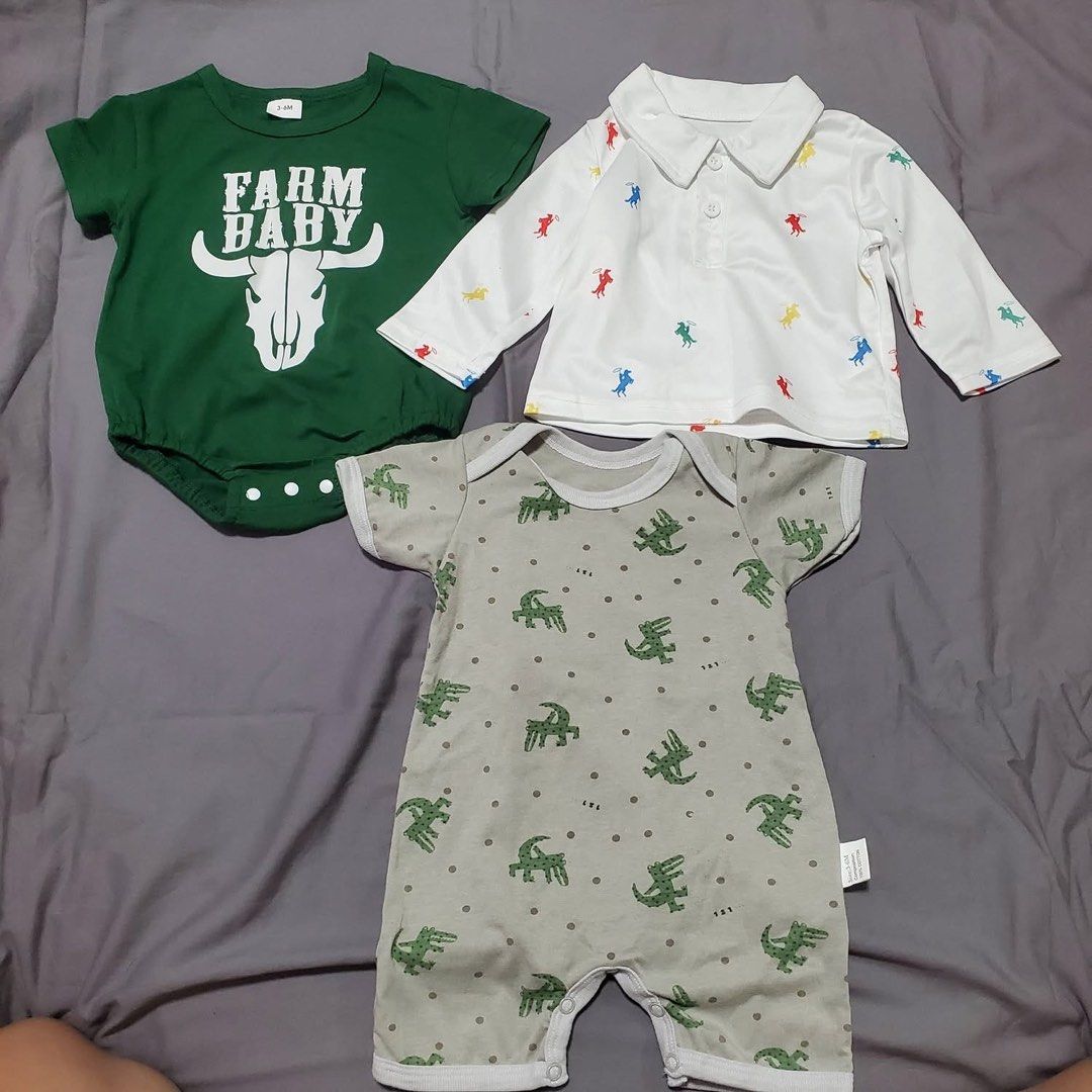 Baby Boy Clothes Set - 3 Pieces (Category: Babies & Kids Fashion) located in Pasay City. Submitted by fluxandfloe (Listing ID 1461048108, Image 1). Description: - Set of 3 adorable baby outfits. - Green 'Farm Baby' bodysuit with bull skull graphic. - White long-sleeve polo shirt with colorful horse graphics. - Grey short-sleeve romper with green alligator print. - Ideal for everyday wear or special occasions..