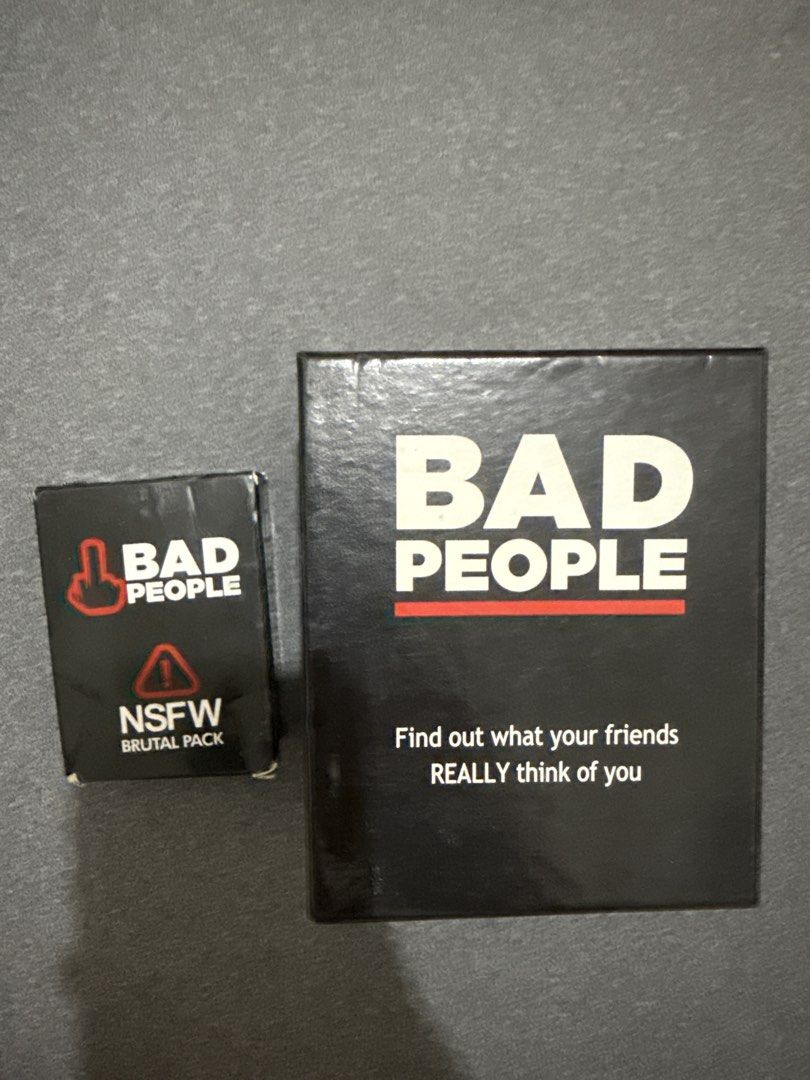 Bad People Card Game + NSFW Brutal Pack (Category: Board Games & Puzzles) located in Quezon City. Submitted by jericdelacruzzz (Listing ID 1461111016, Image 1). Description: - Bad People card game - Includes NSFW Brutal Pack expansion - Find out what your friends really think of you - Perfect for parties and game nights - Both boxes are included.