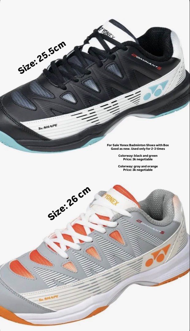 Badminton Shoes (Category: Racket and Ball Sports) located in Manila. Submitted by iamavaleriena (Listing ID 1460950909, Image 1). Description: Selling these good as new shoes. Unisex Yonex Badminton/Pickleball Shoes 25.5cm - black and green 3k 26cm - orange and gray 3k Buy 2 for 5.2k.