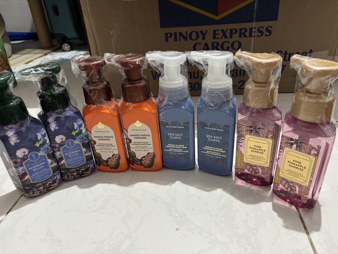 Bath & Body Works Gentle Foaming Hand Soap (Category: Bath) located in Las Pinas. Submitted by lmm27 (Listing ID 1461088498, Image 1). Description: - Brand: Bath & Body Works - Product Type: Foaming Hand Soap - Size: 8.75 fl oz each - Available Scents: - Blueberry Bellini - Mango Papaya Paradise - Sea Salt Cliffs - Pink Pineapple Sunrise - Ideal for: Bathrooms & Kitchens.