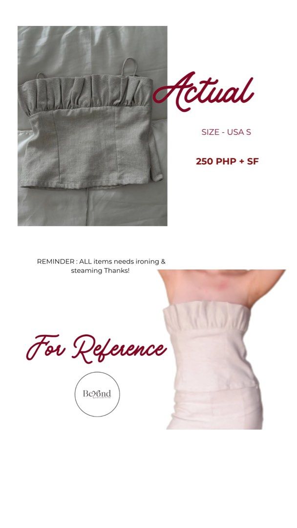 Beyond Collective Ruched Tube Top - Size S (Category: Sleeveless) located in Davao. Submitted by upcycledby.dia (Listing ID 1460953043, Image 1). Description: - Brand: Beyond Collective - Color: Light beige - Style: Ruched tube top - Size: USA S - Details: Thin straps, gathered bust detail - Condition: Needs ironing and steaming - Price: 250 PHP (plus shipping).
