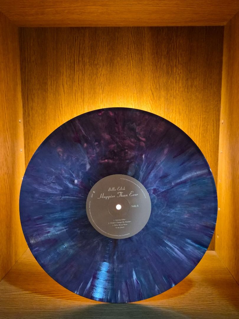 Billie Eilish - Happier Than Ever (Category: Vinyls) located in Manila. Submitted by jarodaily (Listing ID 1337594752, Image 3). Description: 2 x Vinyl, LP, Album, Limited Edition, Repress, Recycled Note: this is a OOAK mispress with two different Marbled & splattered variant in one. lilac and dark purple from "Gucci & Billie Eilish collaboration boxset" .