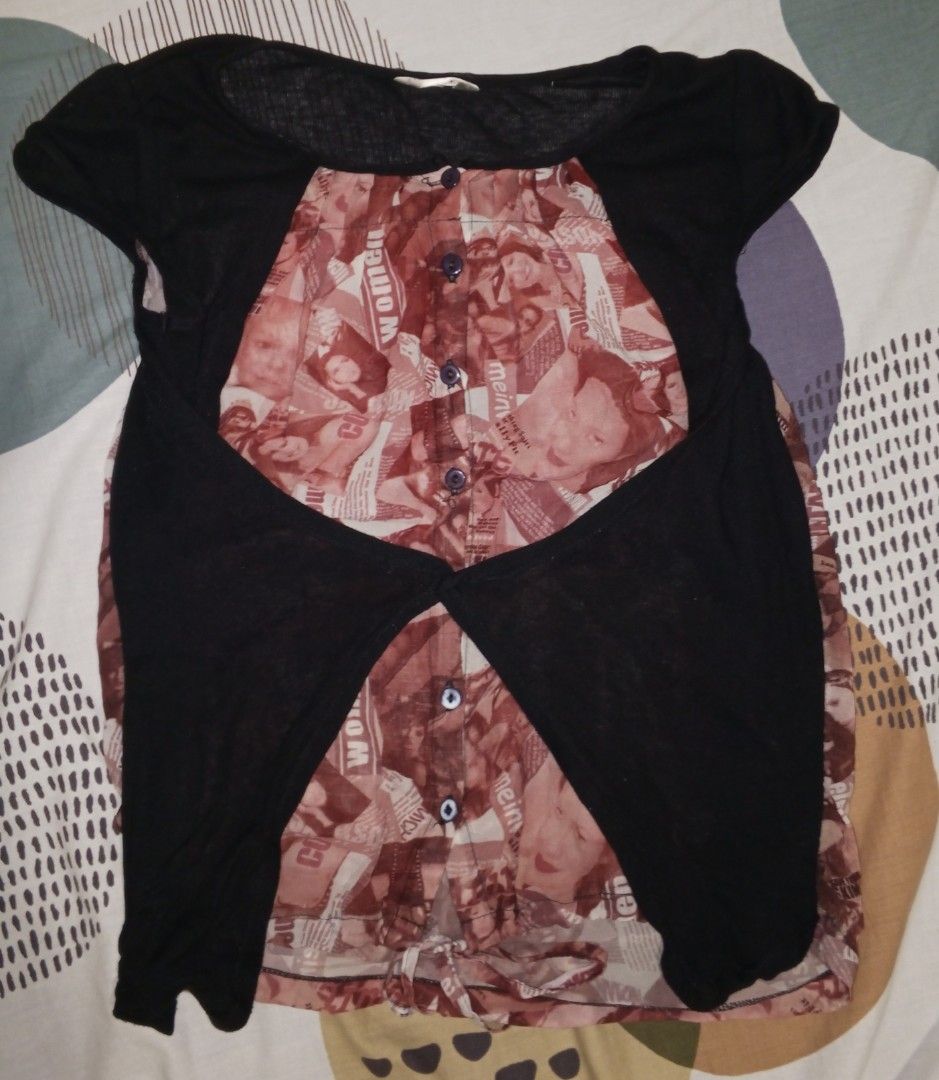 black & pink layered cut-out top (Category: Shirts) located in Mabalacat. Submitted by mwmeowie (Listing ID 1461029213, Image 1). Description: preloved black & pink layered top ♡ only worn around 2–3 times. ﹒⟡ black overlay design ﹒⟡ pink printed inner layer ﹒⟡ cute unique style ﹒⟡ actual item shown in photos slightly negotiable for sure buyers shipping fee c/o buyer.
