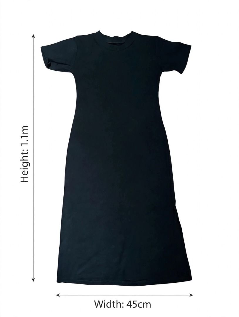 Black Dress#70 (Category: Dresses) located in Caloocan City. Submitted by outfitloop (Listing ID 1461114597, Image 3). Description: - Simple black midi dress - Short sleeves - Versatile: great for everyday or dressing up - Comfortable and fits well IMPORTANT: • 1st photo is an AI styling/model preview for reference on how the item may look when worn. • Please refer to the actual photos for the item’s true appearance and condition. • Color may sli