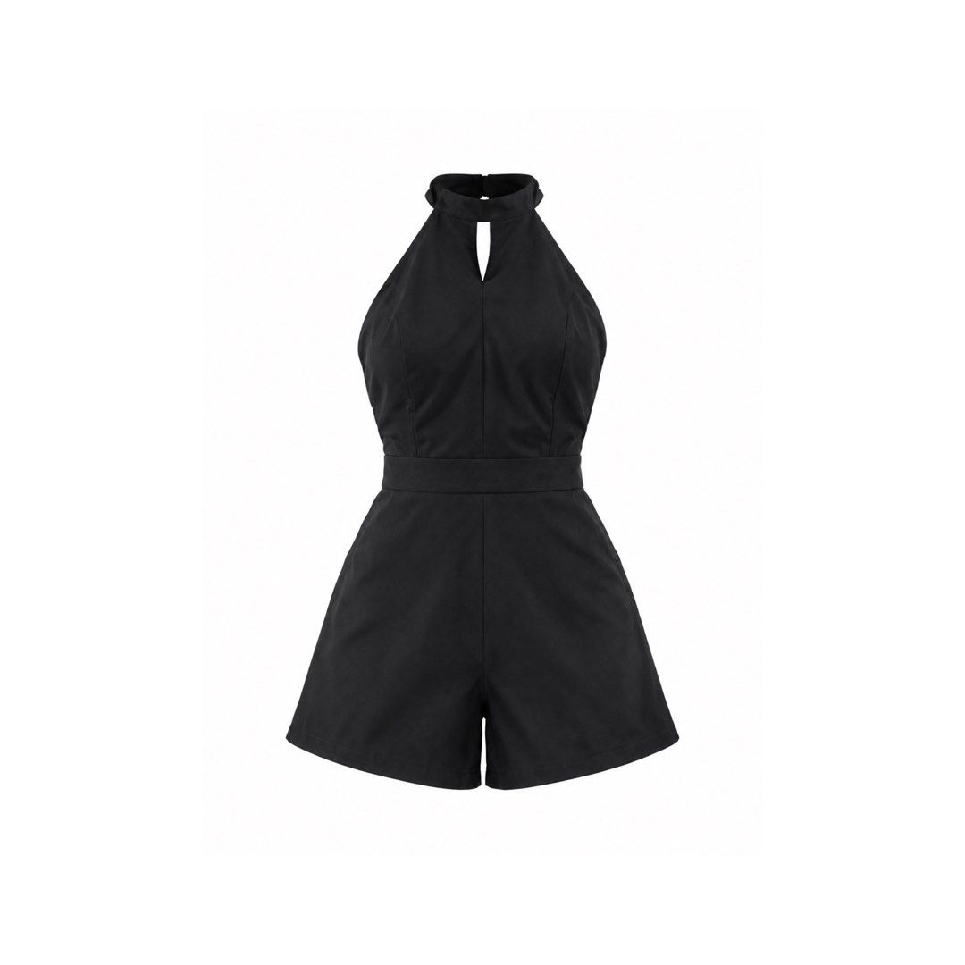 Black Halter Romper (Category: Rompers) located in San Jose. Submitted by paudrobe (Listing ID 1460942256, Image 1). Description: ⋆౨ৎ˚⟡˖ ✧ Open-back / backless silhouette ✧ Lightweight and delicate feel.