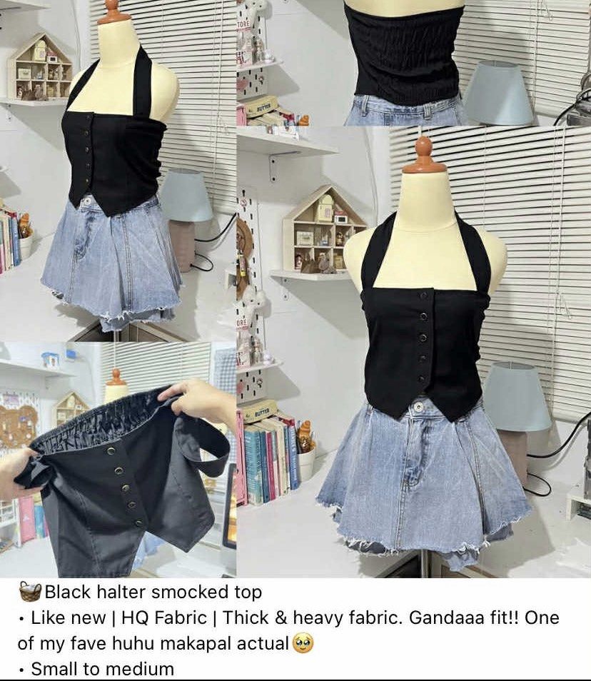 Black Halter Smocked Top with Button Detail (Category: Sleeveless) located in Lapu Lapu. Submitted by cecillia07 (Listing ID 1461036413, Image 1). Description: - Black halter neck top - Smocked front with button details - Thick and heavy fabric for a premium feel - Flattering and comfortable fit - Versatile piece, great with skirts or jeans.