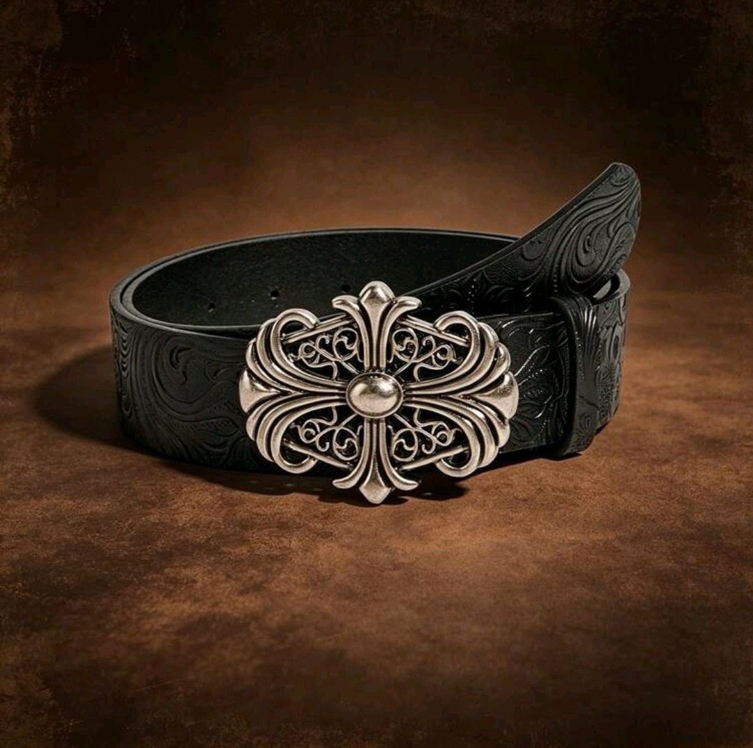 Black Leather Belt with Ornate Silver Buckle (Category: Belts) located in Manila. Submitted by zealriver-15dcdb (Listing ID 1461001256, Image 3). Description: leather chrome hearts belt.