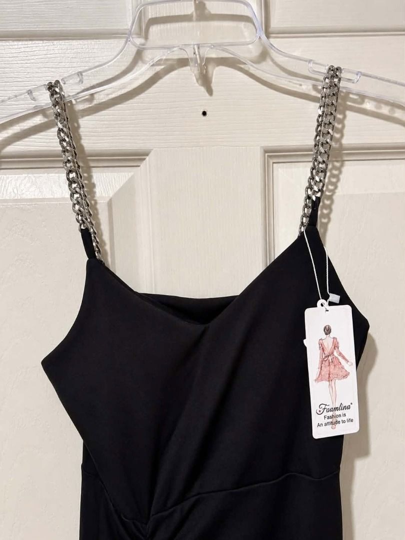 Black Ruched Dress with Chain Straps (Category: Dresses) located in Cebu City. Submitted by classy82 (Listing ID 1461064652, Image 3). Description: - Chic black midi dress - Flattering ruched detailing on the front - Eye-catching sparkly rhinestone straps - Ideal for nights out or special occasions - Comfortable and stylish design - Brand new with tags attached.